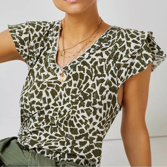 Anthropologie Maeve Catie Ruffle Sleeve Top Size L Large V-Neck Green Motif - Picture 2 of 13
